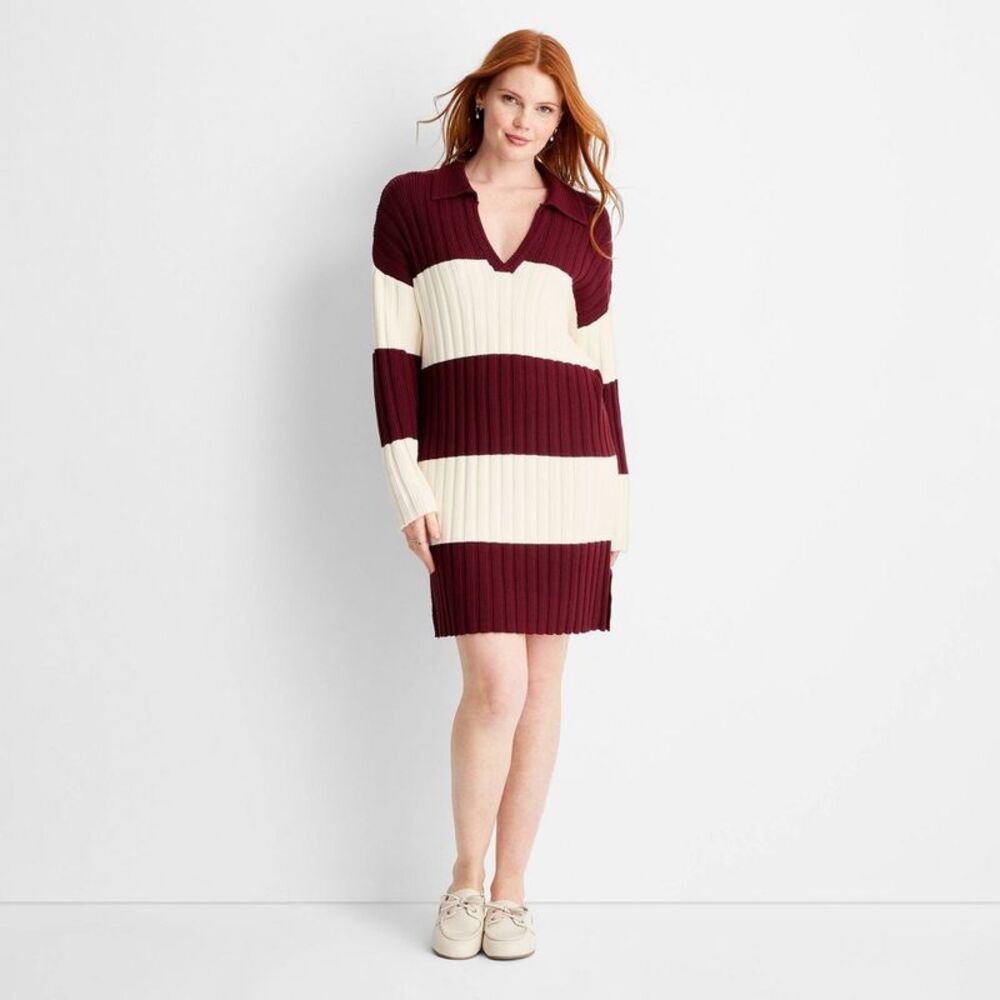 Future Collective - Women's Long Sleeve Rugby Mini Sweater Dress - Burgundy